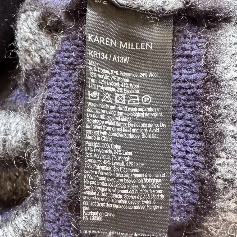 Karen Millen Cardigan Sz 4 Gray Black Blue Striped Cotton Mohair Blend Zip Pocke